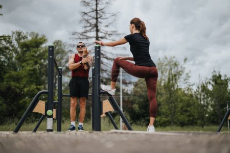 A man and a woman workout on horizontal bars in a park, showcasing their fitness routine in a natural, urban setting.