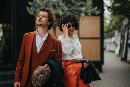 Un hombre y una mujer vestidos con estilo con atuendo profesional caminando con confianza en un ambiente de ciudad, transmitiendo elegancia, confianza y moda contemporánea.