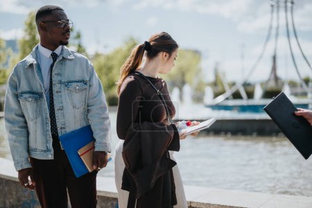 Mixed race business colleagues engaged in a strategic discussion outdoors with documents and digital devices near an urban waterfront setting.