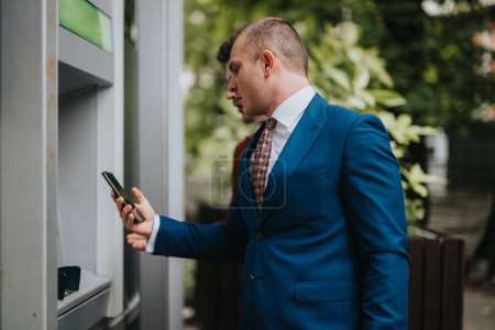 A businessman in a suit encounters an issue with an ATM while using his smart phone for technical support, depicting modern financial challenges.