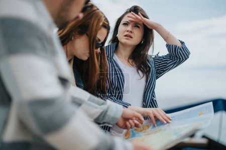 Une femme regarde au loin pendant que ses amis examinent une carte, essayant de trouver leur chemin dans une aventure en plein air nuageuse. Moment parfait de travail d'équipe et d'exploration.