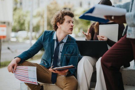 In an urban setting, mixed race business professionals hold an engaging discussion with laptops and documents, focusing on strategy and statistics outdoors.