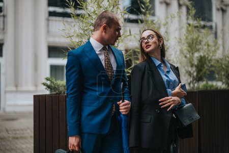Zwei Geschäftsleute in festlicher Kleidung gehen spazieren und unterhalten sich draußen. Das Bild spiegelt Professionalität, Kommunikation und städtisches Arbeitsumfeld wider.