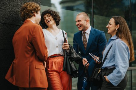 Group of young professionals share a cheerful moment outside a modern office building, showcasing teamwork and friendship.