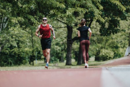Zwei sportliche Personen, ein Mann und eine Frau, joggen energisch auf einer roten Laufbahn inmitten grüner Bäume in einer friedlichen Parklandschaft..