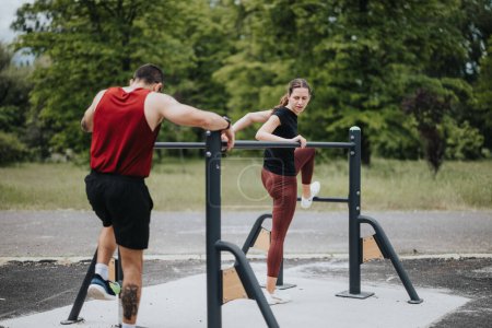Ein konzentriertes Paar absolviert eine Fitness-Routine, dehnt sich und bereitet sich auf ein Workout an einer Outdoor-Trainingsstation in einem üppigen Park vor.