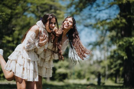 Deux jeunes femmes riant joyeusement alors qu'elles interagissent dans un parc lumineux et ensoleillé, portant des robes florales similaires.