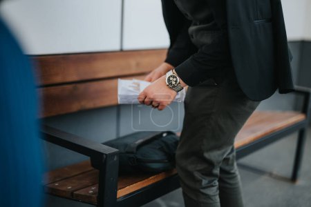 Un hombre de negocios mete la mano en su bolso mientras está sentado en un banco de madera al aire libre. Lleva un reloj de pulsera y una chaqueta negra..