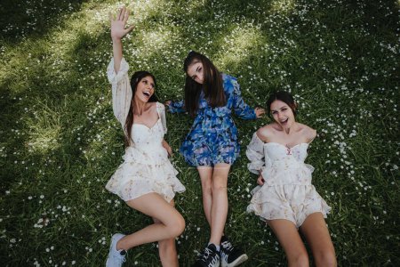 L'image capture trois filles joyeuses en robes florales, couchées ensemble sur de l'herbe parsemée de fleurs dans un parc ensoleillé.