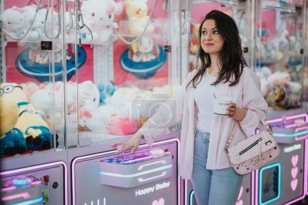 A smiling young woman in casual clothing plays a claw machine game at a colorful arcade holding an ice cream cup.