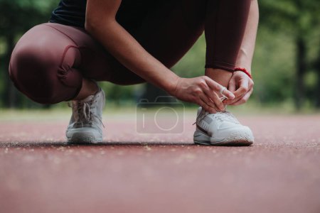 Athlète féminine concentrée dans des leggings bordeaux attachant ses chaussures de course sur une piste rouge, se préparant pour une routine d'exercice matinale.