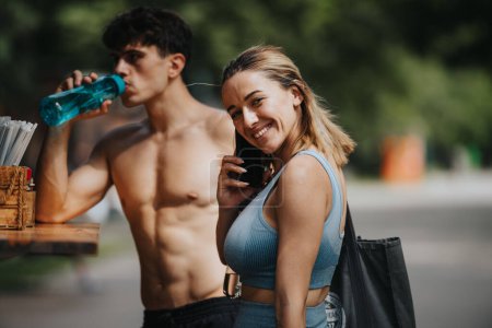 Happy sports couple enjoy refreshing drinks after a workout outdoors. Shirtless man drinking water and woman smiling with phone call.
