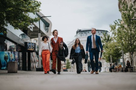 Four business professionals walking together confidently in an urban city setting, conveying teamwork, collaboration, and success.
