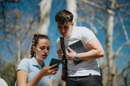 Two young students engaging in a group study session outdoors at an urban park, using a smart phone for research.