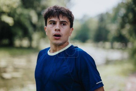 Young man jogging in a park, wearing a blue shirt, looking focused and determined. Nature background.