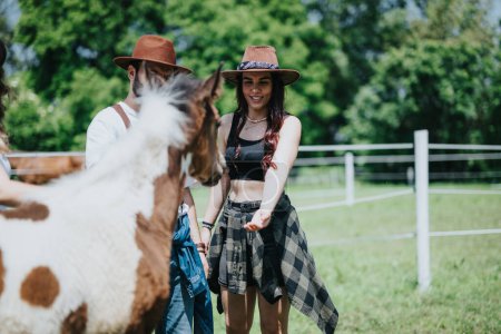 Young adults enjoying their time at the ranch, interacting with a horse in a green, sunny environment. Casual summer outfits and cowboy hats.