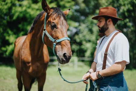 Man bonding with a brown horse at the ranch, enjoying the peaceful countryside life and moments of connection.