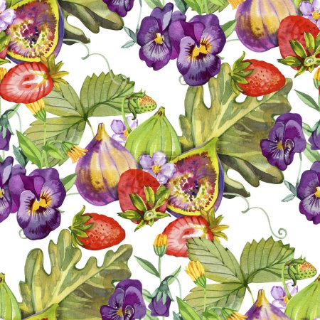 Photo for Seamless pattern with hand painted watercolor strawberry inspired by summer garden. Colorful fruit background perfect for fabric textile, sweet fruit menu or digital scrapbooking. - Royalty Free Image