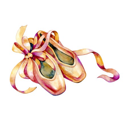 Ballet shoes. Watercolor hand painted illustration isolated on white background.Ballet series