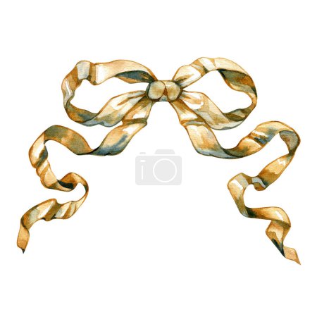 Frame of gold ribbons and bow. Vintage antique style. Watercolor hand painted illustrations isolated on white background