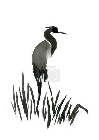 Photo for Crane and leaves of grass in fog. Traditional oriental ink painting sumi-e, u-sin, go-hua. Translation of hieroglyph - silence - Royalty Free Image
