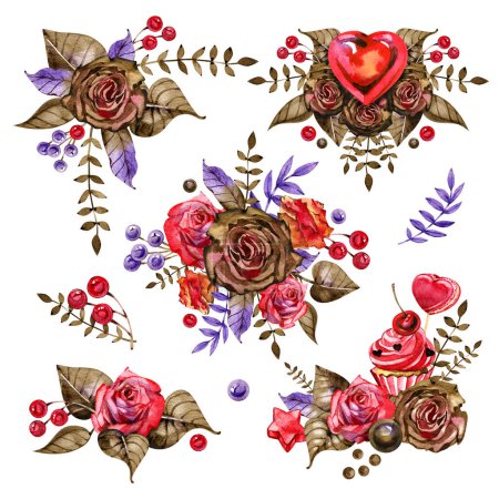 Photo for Beautiful compositions of chocolate roses, leaves, berries on a white isolated background. Watercolor hand-drawn elements. Nice design for clip art, stickers, cards, giftware and merchandise - Royalty Free Image
