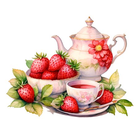 Foto de Ilustración de fiesta de té acuarela: taza vintage, tetera, composición de fresa. Ilustración de acuarela isokated sobre fondo blanco - Imagen libre de derechos