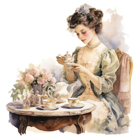 Young Victorian woman with a cup of tea. Water color hand drawing. Girls in beautiful clothes composition on white background. Vintage cottage core style Illustration.
