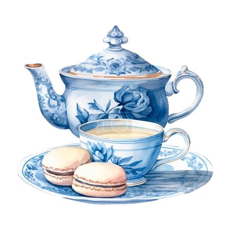 Téléchargez les photos : Ensemble de thé de théière en porcelaine aquarelle, tasses et assiettes avec macarons, dessinés à la main, isolés sur fond blanc. - en image libre de droit