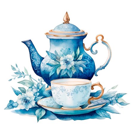 Téléchargez les photos : Composition aquarelle de théière, tasse et fleurs bleues. Illustration de style vintage isolée sur fond blanc - en image libre de droit