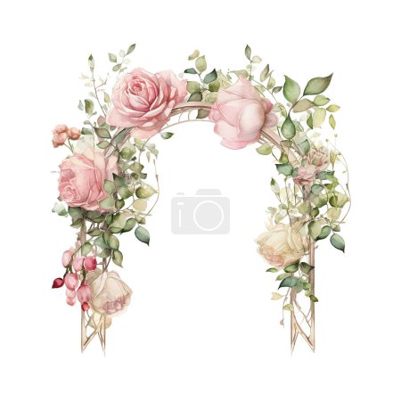 Photo for Watercolor wedding arch with pink roses. Vintage design template for invitation, card, poster. illustration, festive frame, decorative arch, window curtain, drapery, flower decorations - Royalty Free Image