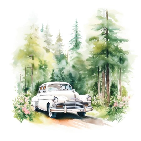 Téléchargez les photos : Mariage vintage voiture blanche dans la forêt mariage. Illustration aquarelle isolée sur fond blanc, clipart pour invitation de mariage ou carte de voeux - en image libre de droit