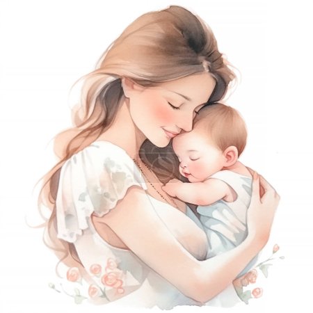 Téléchargez les photos : Aquarelle belle silhouette mère tenant un bébé dans la main Bonne fête des mères. - en image libre de droit