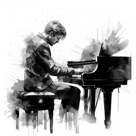 Téléchargez les photos : Homme pianiste en aquarelle noire. Expressive romantique pianiste homme joue piano isolé sur blanc. - en image libre de droit