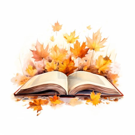 Open book in autumn leaves. Lorem Ipsum in old paper book. Watercolor education, school design.