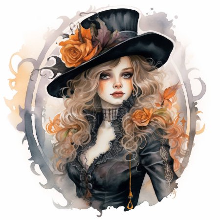 Téléchargez les photos : Illustration d'aquarelle de sorcière victorienne. Clipart d'Halloween, isolé - en image libre de droit