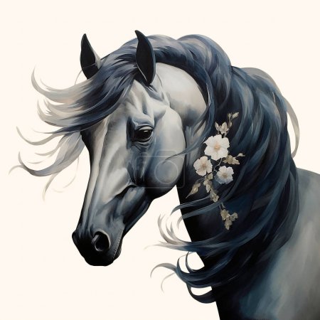 Téléchargez les photos : Portrait de cheval noir isolé sur fond transparent. Illustration aquarelle - en image libre de droit