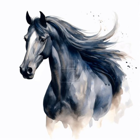 Téléchargez les photos : Portrait de cheval noir isolé sur fond transparent. Illustration aquarelle - en image libre de droit