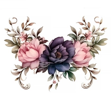 Offener Kranz aus dunklen Rosen im viktorianischen Gotik-Stil. Dunkelschwarze Rose. Aquarellblumen