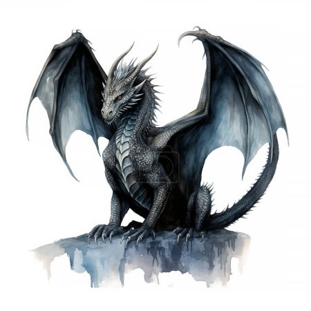 Téléchargez les photos : Illustration dragon noir aquarelle isolée sur fond blanc. Dragons de conte de fées sombres. - en image libre de droit