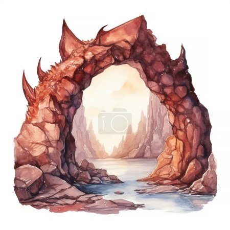 Téléchargez les photos : Une peinture fantastique d'une grotte de dragon. Illustration aquarelle isolée sur fond blanc - en image libre de droit