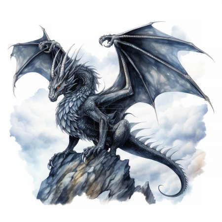 Watercolor black dragon illustration isolated on white background. Dark Fairy tale dragons.
