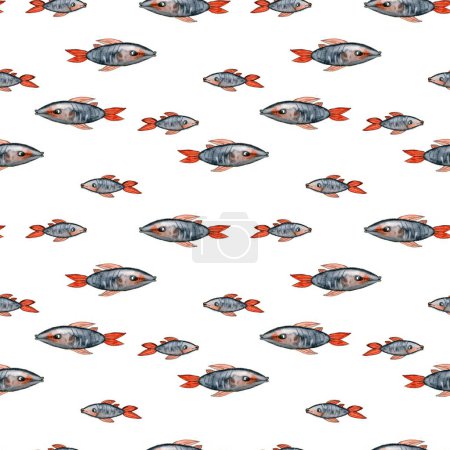 Téléchargez les photos : Dessin aquarelle motif sans couture à partir de poissons avec des nageoires rouges en différentes tailles sur fond blanc, dessiné à la main pour cartes postales, cadres photo, papier d'emballage, impression textile, bannière, flyers - en image libre de droit