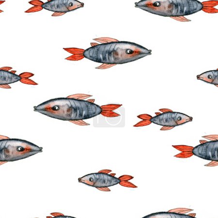 Téléchargez les photos : Dessin aquarelle motif sans couture à partir de poissons avec des nageoires rouges en différentes tailles sur fond blanc, dessiné à la main pour cartes postales, cadres photo, papier d'emballage, impression textile, bannière, flyers - en image libre de droit