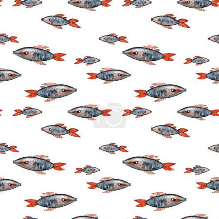 Téléchargez les photos : Modèle de dessin aquarelle de poissons avec des nageoires rouges en différentes tailles sur fond blanc. Dessiné à la main pour carte postale, cadre photo, papier d'emballage, impression textile, bannière, flyer, scrapbooking, papier peint - en image libre de droit