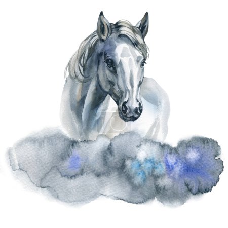Imagen en acuarela de caballo con nubes. Ilustración dibujada a mano aislada sobre fondo blanco.