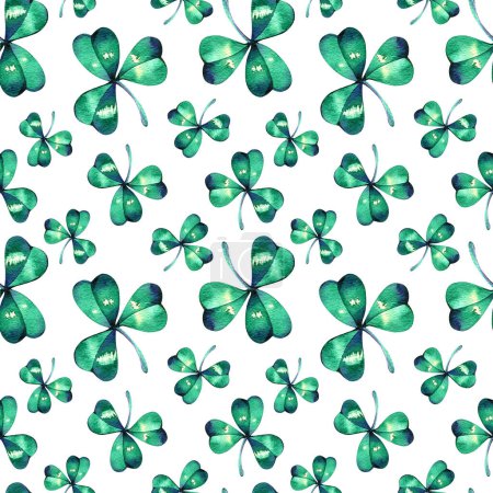 Photo for Watercolor seamless pattern on the theme of st. patricks day. green four-leaf clover leaves on a white background. holiday print. - Royalty Free Image