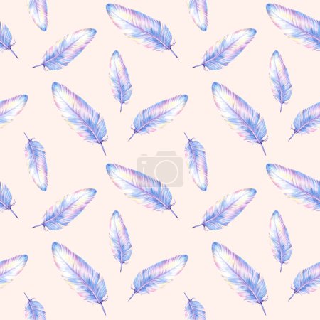 Téléchargez les photos : Aquarelle plume motif sans couture dans les couleurs bleu et violet. Il peut être arrière-plan, modèle pour le textile par exemple pour pyjamas ou linge de lit - en image libre de droit