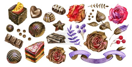 Téléchargez les photos : Set aquarelle pour la Saint Valentin. Chocolat, bonbons, fleur de rose, gâteau, coeurs, brownie. Bundle d'éléments romantiques pour sauver la conception de la carte de date. - en image libre de droit