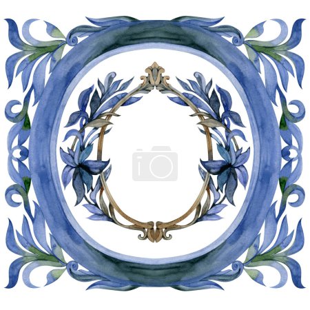 Watercolor vintage antique frame in blue color. Illustration isolated on white background